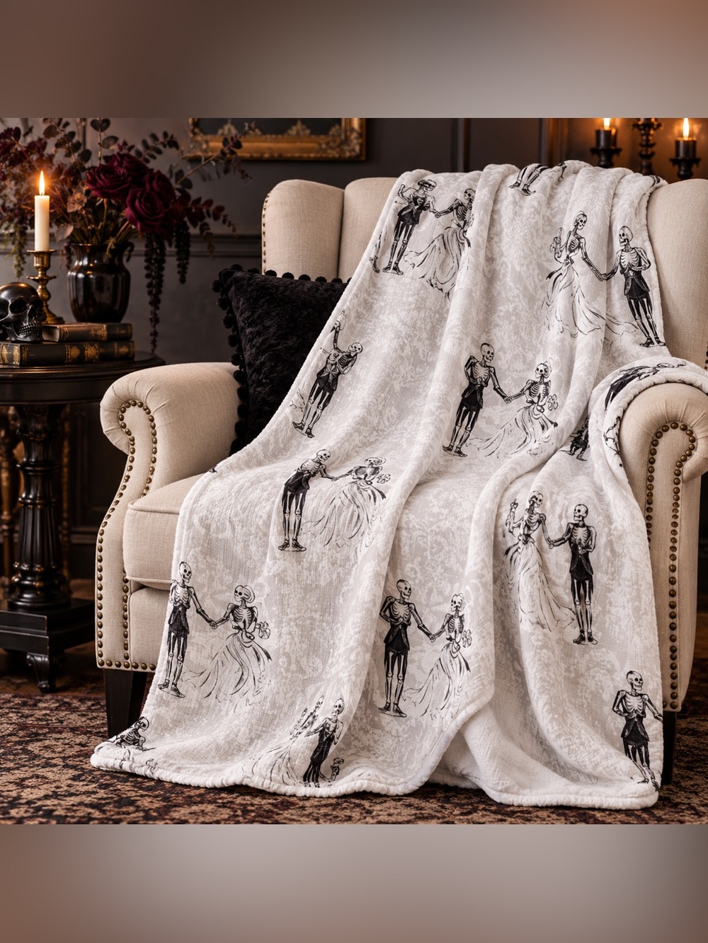 Madame Bones Reversible Cotton Gauze Throw Blanket 50x70 Gothic Skeleton Victori